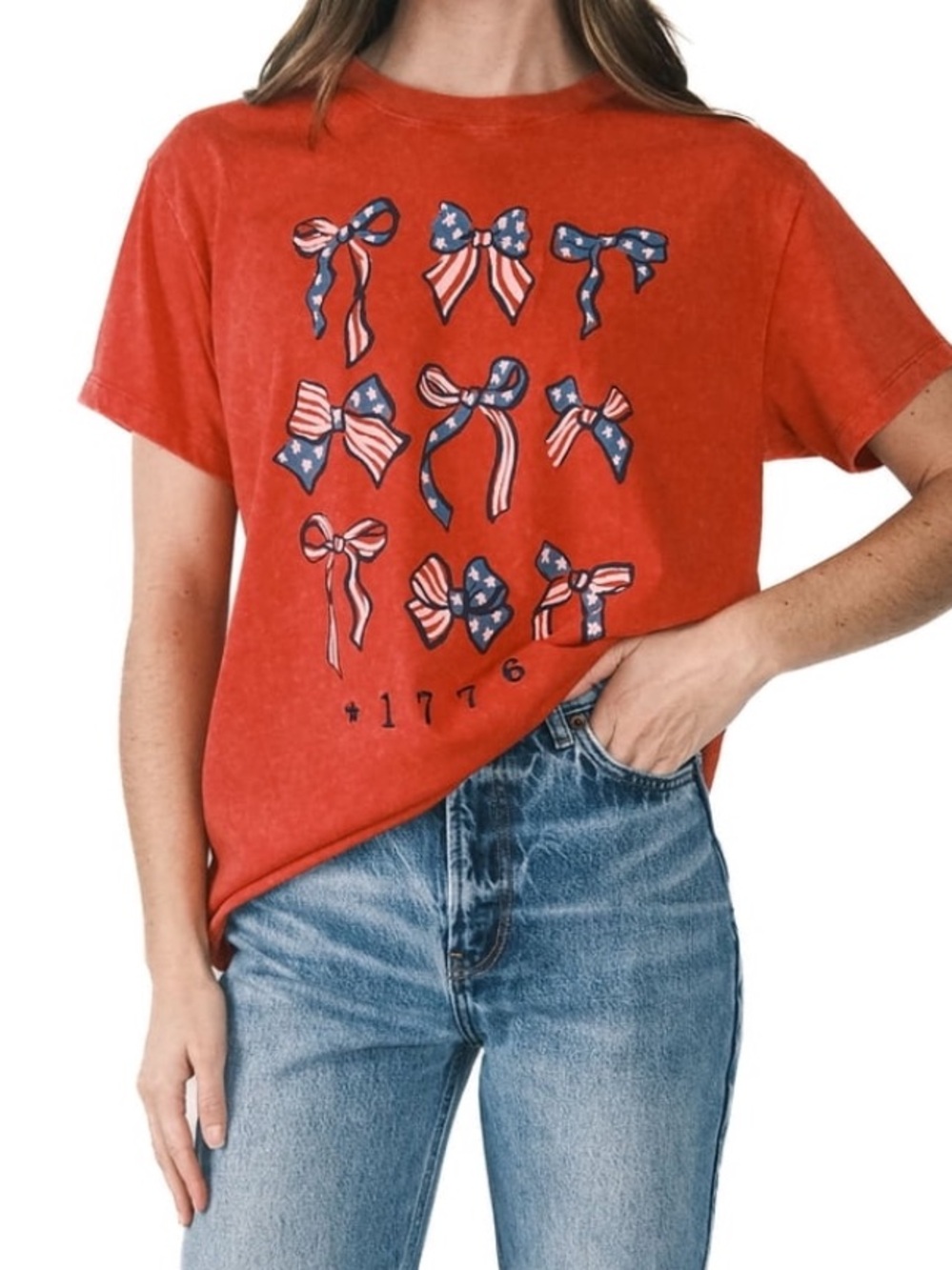 Mighty Fine Red Short Sleeve Tee with Patriotic Bow Graphic